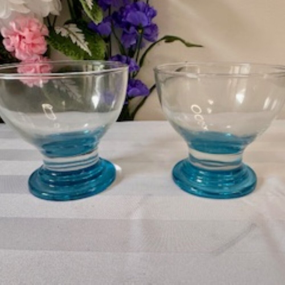 Vintage Dessert Glasses Clear Bowls with Turquoise Blue Bases MCM Glass
